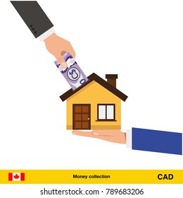 Hand bring money for home. Canadian dollar banknote. Real Estate Concept vector illustration.