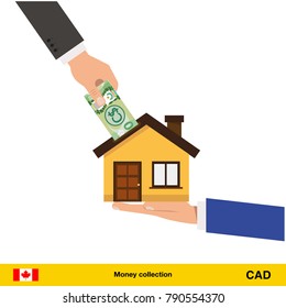 Hand bring money for home. Canadian dollar banknote. Real Estate Concept vector illustration.