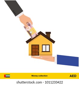 Hand bring money for home. Dirham banknote. Real Estate Concept vector illustration.