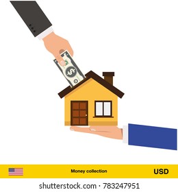 Hand bring money for home. Dollar banknote. Real Estate Concept vector illustration.