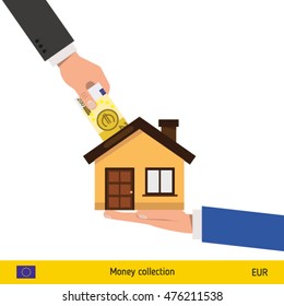 Hand bring money for home. Euro banknote. Real Estate Concept vector illustration.