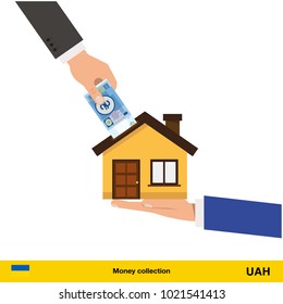 Hand bring money for home.  hryvnia banknote. Real Estate Concept vector illustration.