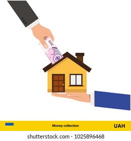 Hand bring money for home.  hryvnia banknote. Real Estate Concept vector illustration.