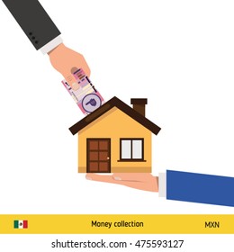 Hand bring money for home. Mexican Peso banknote. Real Estate Concept vector illustration.