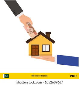 Hand bring money for home. Pakistan rupee banknote. Real Estate Concept vector illustration.