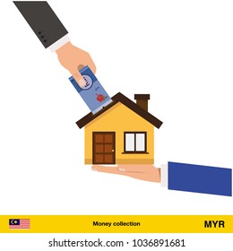 Hand bring money for home.  Ringgit banknote. Real Estate Concept vector illustration.
