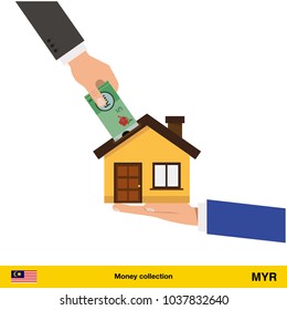 Hand bring money for home. Ringgit banknote. Real Estate Concept vector illustration.