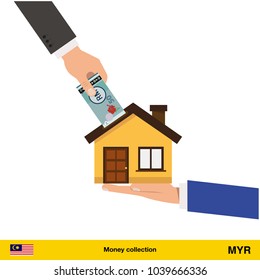 Hand bring money for home.  Ringgit banknote. Real Estate Concept vector illustration.