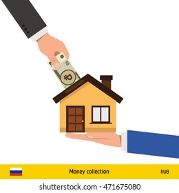 Hand bring money for home. Russian Ruble banknote. Real Estate Concept vector illustration.