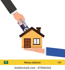 Hand bring money for home. Saudi Arabian riyal banknote. Real Estate Concept vector illustration.