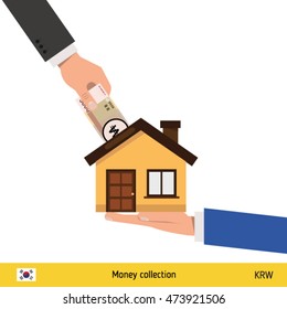 Hand bring money for home. South Korean won banknote. Real Estate Concept vector illustration.