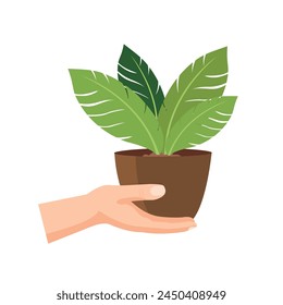 Hand bring plant vector illustration, hand hold flower pot, flat icon design isolated on white background