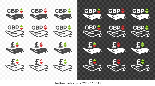 Hand and British Pound, GBP with up and down arrow currency exchange rate vector design. Foreign currencies and exchange rates value graphic design. Currency trade chart