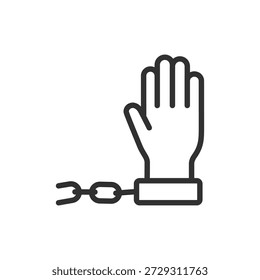 Hand mit gebrochener Kette, lineares Symbol. Freiheit, Freigabe und Aufhebung von Beschränkungen. Linie mit editierbarem Strich.
