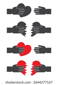 hand with broken human heart icon set