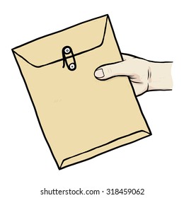 hand and brown envelope / cartoon vector and illustration, hand drawn style, isolated on white background.