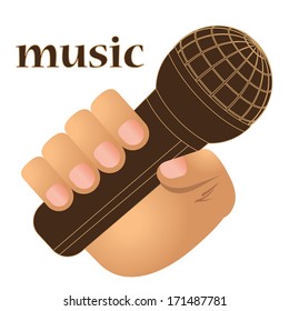 a hand with a brown microphone in white background