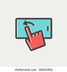 Hand browsing in cellphone icon thin line for web and mobile, modern minimalistic flat design. Vector icon with dark grey outline and offset colour on light grey background.