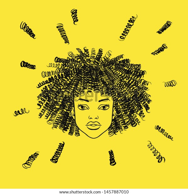 Hand brush drawn african young cute woman\
head in face with afro hairstyle, black girl portrait. Curly hairs,\
curls, ringlets, frizz. Beauty shop, barbershop salon concept\
sketch. Fashion\
illustration