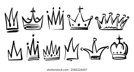 Hand or brush drawn crowns for kings and queens in grunge style. graffiti street art style for girl posters. trendy elements 