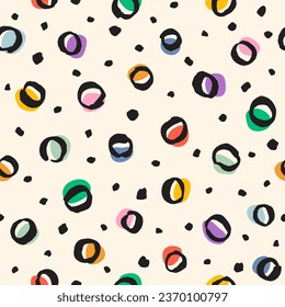 Hand brush drawn spots, circles, rings seamless vector pattern. Doodle specks, flecks, round paint stains or uneven dots of different size texture. Abstract colorful background. Artistic print design.