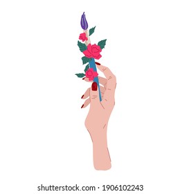 Hand with brush and flowers. Creativity symbol, drawing process, painting creation, artist's hand. Print design, decoration element. Vector cartoon flat illustration