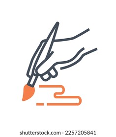 Hand with brush icon. Character draws picture, creativity and art, skill development. Education and training. Interface for programs and applications. Cartoon flat vector illustration