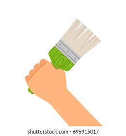 Hand with brush isolated on the white background, vector flat illustration