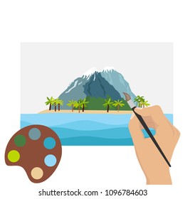 A hand with a brush paints a picture. Draw a landscape. Flat design, vector illustration, vector.