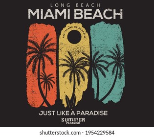 Hand brush and palm tree retro design. miami long beach artwork for apparel and others.