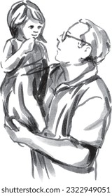 Hand brush sketch of grandfather with child. Vector illustration. 
