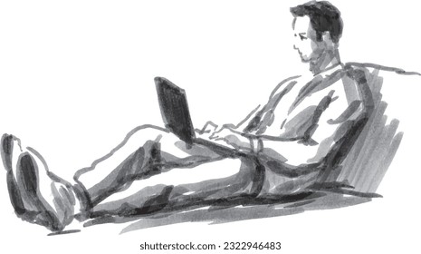 Hand brush sketch of a man working on a laptop. Vector illustration.