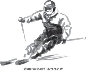 Hand brush sketch of a skier. Vector illustration.