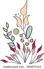 Hand brush sketch style. Colored Doodles. Romantic design template, invitations,  decoration. Flower objects isolated. Set of elements. Vintage wedding. Pastel color. Vector illustration for fashion