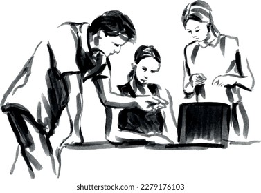 Hand brush sketch of young people at work. Vector illustration.