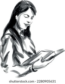 Hand brush sketch of a young woman reading a book. Vector illustration.