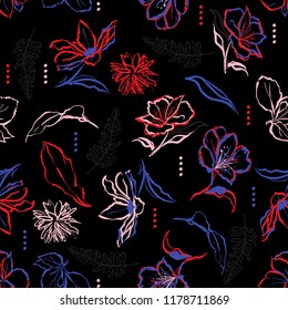 Hand brush strokes line of dark garden flowers and brush strokes. Vector seamless pattern illustration design for fshion,fabric ,and all prints on black background color