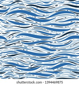 Hand brush vector Marine seamless pattern waves on a monotone blue shade background design for fashion,fabric,web,wallpaper,and all prints