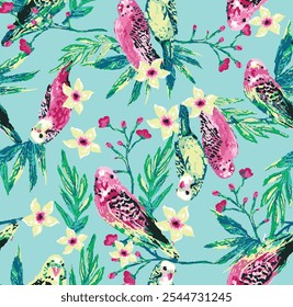 Hand brushed water color abstract colorful birds with floral illustration art seamless pattern repeat print for textile, clothing, fashion, sarees, packaging, gift wrap, fabric vector artwork