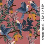 Hand brushed water colored abstract parrot birds with colorful cashew fruit plant illustration art seamless pattern repeat print for textile, clothing, fashion, sarees, fabric vector artwork