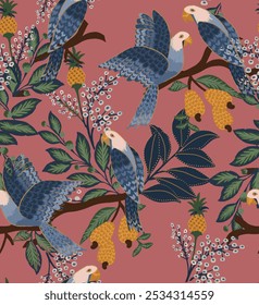 Hand brushed water colored abstract parrot birds with colorful cashew fruit plant illustration art seamless pattern repeat print for textile, clothing, fashion, sarees, fabric vector artwork