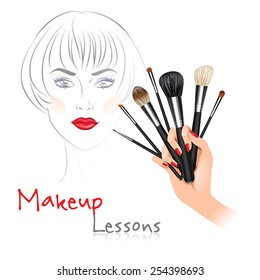 Hand with brushes. Make-up artist. Face chart. Template. Isolated vector illustration.