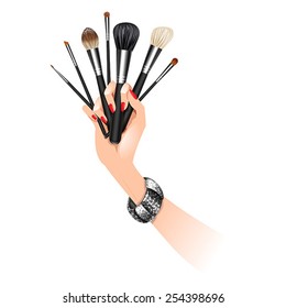 Hand with brushes. Make-up artist. Isolated vector illustration.