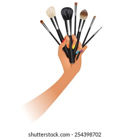 Hand with brushes. Make-up artist. Isolated vector illustration.