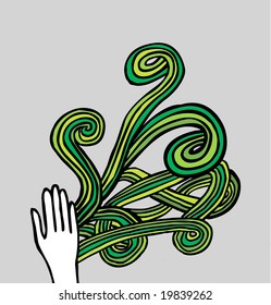 Hand is brushing the gray in green. It is about environment and illustration in one.