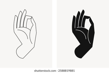 Hand of Buddha. Buddhism symbol, Yoga mudra, Hinduism, Spirituality. Black and white illustration. Vector design