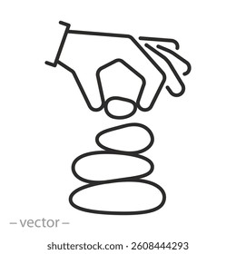 hand is building pyramid stones icon, harmony and balance, zen stones, mental health, thin line symbol on white background - editable stroke vector illustration eps10