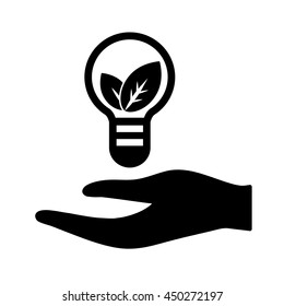 hand bulb idea plant leaf care eco bio icon simple black on white background