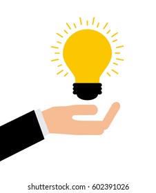 hand with bulb light icon over white background. colorful design. vector illustration