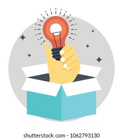 
Hand bulb outside the box. Idea and think outside the box concept. Flat vector 
